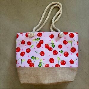 Pink Cherry Print Rope-Handle Tote Bag